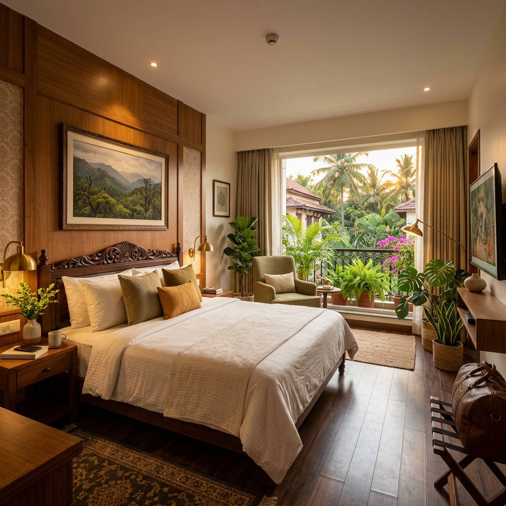 OKA Comforts luxurious hotel room in Bangalore surrounded by greenery